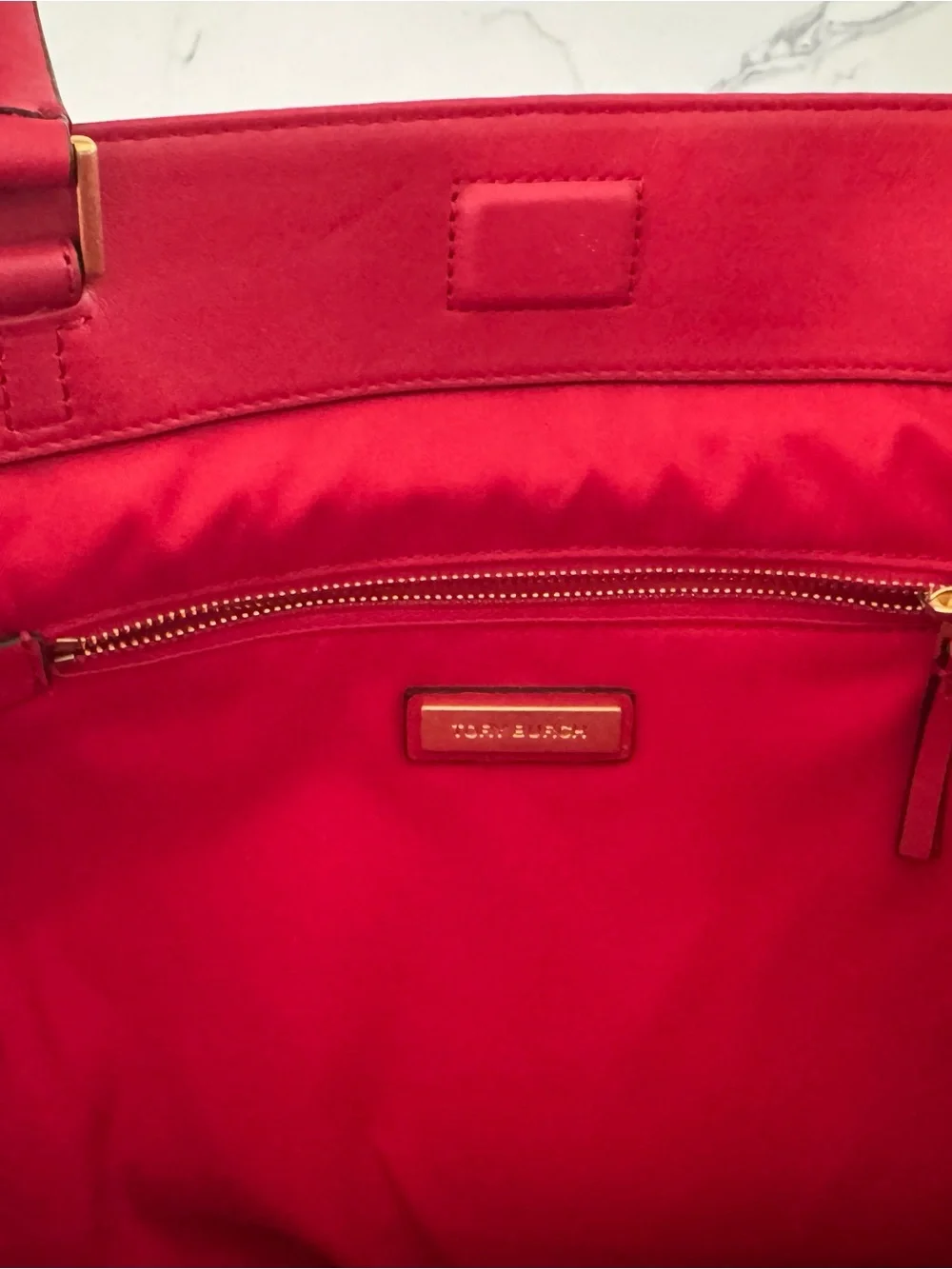 Tory Burch Georgia Slouchy Red Quilted Leather Tote with Gold Logo